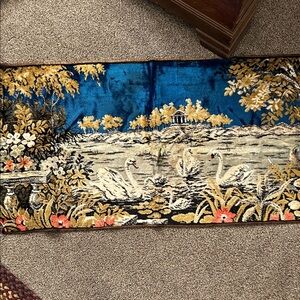 Elegant Blue and Gold Tapestry with Swan Design